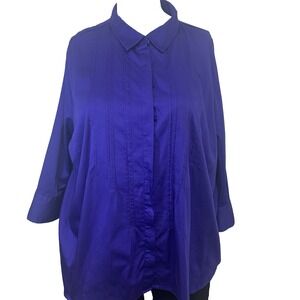 Catherines Blouse Top Woman 3X Button Up Purple Pin Tuck 3/4 Sleeve Cotton Blend